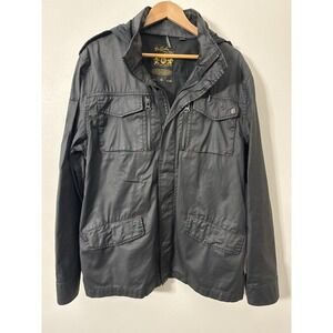 Buffalo David Bitton Men Jacket XL Black Utility Zip Front Stowaway Hood Cotton